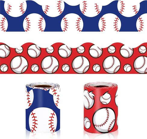 Whaline 65.6 Ft Baseball Bulletin Board Border Red Blue Sports Ball Scalloped Die Cut Border Trim for Birthday Party Home Classroom Wall Decoration, 2 Rolls in Saudi Arabia