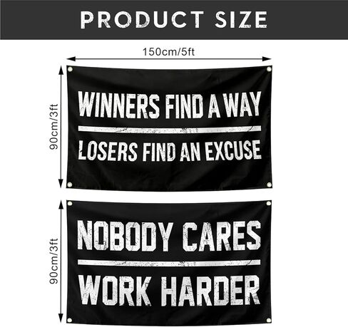 مجموعة لافتات تحفيزية مقاس 3 × 5 أقدام - ديكور حائط لصالة الألعاب الرياضية والمكتب مع 4 حلقات - ملصقات داخلية/خارجية شديدة التحمل من الفينيل بوزن 13oz مطبوعة بالأشعة فوق البنفسجية - الخاسرون يجدون عذرًا، لا أحد يهتم بالعمل بجدية أكبر in Kuwait