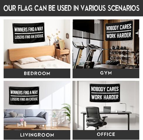 مجموعة لافتات تحفيزية مقاس 3 × 5 أقدام - ديكور حائط لصالة الألعاب الرياضية والمكتب مع 4 حلقات - ملصقات داخلية/خارجية شديدة التحمل من الفينيل بوزن 13oz مطبوعة بالأشعة فوق البنفسجية - الخاسرون يجدون عذرًا، لا أحد يهتم بالعمل بجدية أكبر in Kuwait