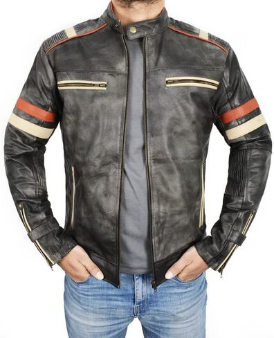 سترة SpazeUp Harley الجلدية السوداء لراكبي الدراجات النارية للرجال - سترات جلدية للدراجات النارية Vintage Cafe Racer للرجال in Kuwait
