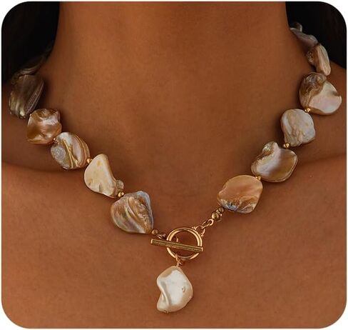 Boho Chunky Shell Necklace for Women Baroque Pearl Pendant Necklaces Irregular Shell Beaded Choker Necklace Trendy Vacation Jewelry Accessories in Saudi Arabia