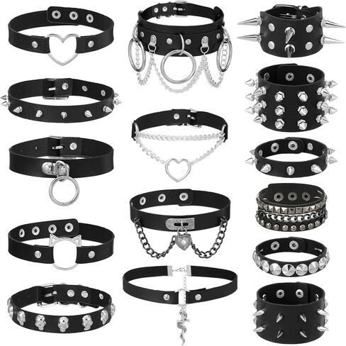 Black Punk Goth Choker Necklace & Spiked Studded Bracelets Set, 9 Adjustable PU Leather Collars & 6 Rivet Spiked Cuffs, Gothic Rock Metal Wristband for Daily Wear Cosplay Festival in Saudi Arabia