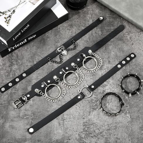 Black Punk Goth Choker Necklace & Spiked Studded Bracelets Set, 9 Adjustable PU Leather Collars & 6 Rivet Spiked Cuffs, Gothic Rock Metal Wristband for Daily Wear Cosplay Festival in Saudi Arabia