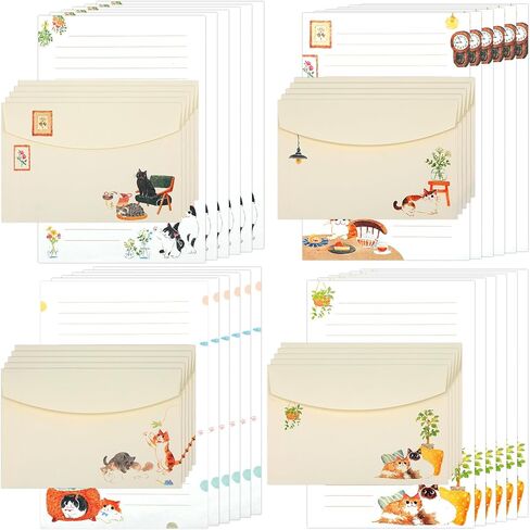 36 Piece Vintage Cat Stationery Set with Envelopes, Cute Lined Writing Paper for Invitations, Holiday Cards, Party Decor - Leisurely Life & Cat Cafe Themed (24 Cards, 12 Envelopes) in Saudi Arabia