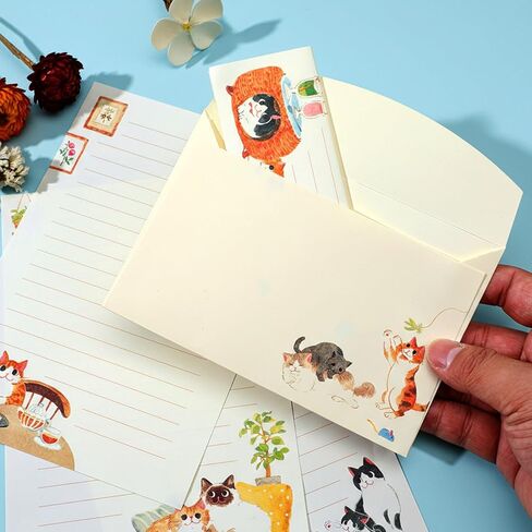36 Piece Vintage Cat Stationery Set with Envelopes, Cute Lined Writing Paper for Invitations, Holiday Cards, Party Decor - Leisurely Life & Cat Cafe Themed (24 Cards, 12 Envelopes) in Saudi Arabia