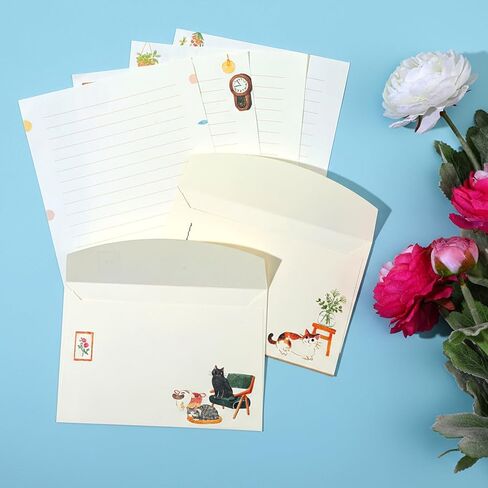 36 Piece Vintage Cat Stationery Set with Envelopes, Cute Lined Writing Paper for Invitations, Holiday Cards, Party Decor - Leisurely Life & Cat Cafe Themed (24 Cards, 12 Envelopes) in Saudi Arabia