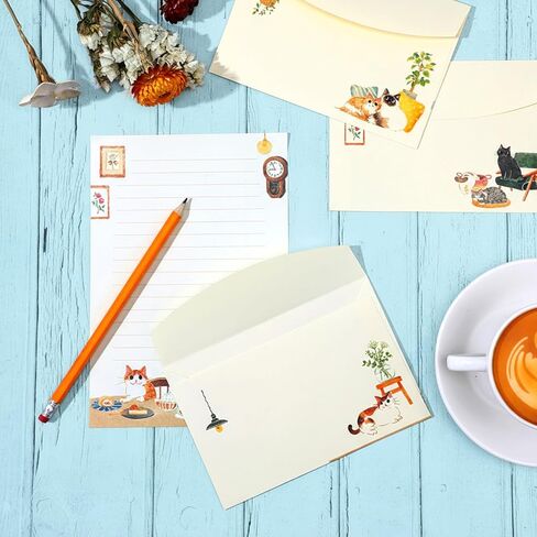 36 Piece Vintage Cat Stationery Set with Envelopes, Cute Lined Writing Paper for Invitations, Holiday Cards, Party Decor - Leisurely Life & Cat Cafe Themed (24 Cards, 12 Envelopes) in Saudi Arabia