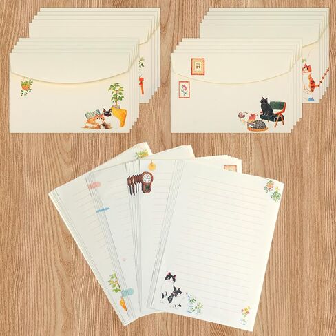 36 Piece Vintage Cat Stationery Set with Envelopes, Cute Lined Writing Paper for Invitations, Holiday Cards, Party Decor - Leisurely Life & Cat Cafe Themed (24 Cards, 12 Envelopes) in Saudi Arabia