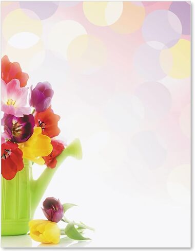 PaperDirect Spring Fresh Border Paper، خلفية فقاعات خفيفة مع علبة سقي وزهور ملونة، 8.5 × 11، خالية من الأحماض، قرطاسية للدعوات، النشرات، البطاقات، 25 ورقة in Saudi Arabia
