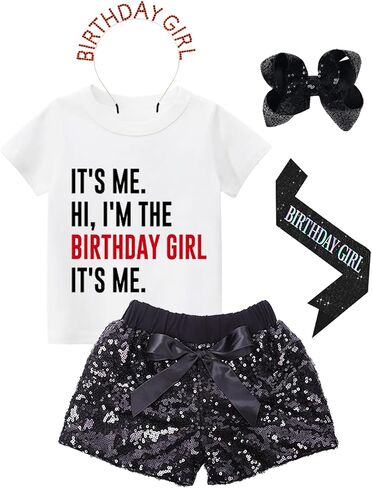 Girls Birthday Outfits Its Me Hi Im The Birthday Girl Shirt Sequin Shorts Set with Headband & Sash 2-8 Years in Saudi Arabia