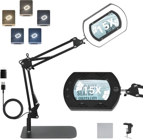 LIWEGHT 15x Square Magnifying Glass with Light and Stand, 5 Color Stepless Dimmable 2-in-1 Magnifier Desk Lamp & Clamp, Hands-Free Magnifying Glass for Reading Craft Work (Timer Function) in Saudi Arabia