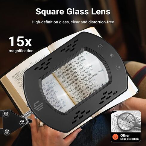 LIWEGHT 15x Square Magnifying Glass with Light and Stand, 5 Color Stepless Dimmable 2-in-1 Magnifier Desk Lamp & Clamp, Hands-Free Magnifying Glass for Reading Craft Work (Timer Function) in Saudi Arabia