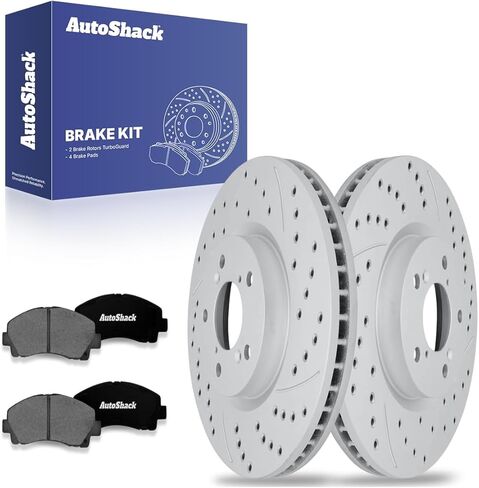 AutoShack 12.58 بوصة (319.6 مم) دوارات الفرامل ذات فتحات تهوية أمامية مطلية + استبدال وسادات الفرامل السيراميكية لـ 2009-2014 Acura TL باللون الأسود غير اللامع 6 قطع مجموعة فرامل BlackShield in Saudi Arabia