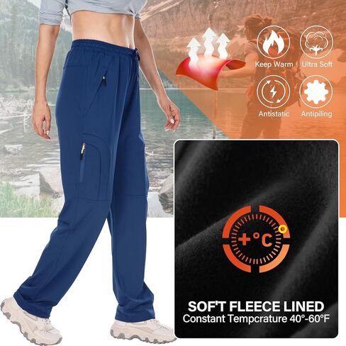Toomett Women's Fleece Lined Sweatpants Straight Leg Pants Hiking Running Winter Thermal Joggers with Zipper Pockets,6607 Navy,XXL in Kuwait