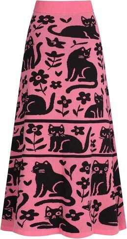 OXKnit Knittd Midi Skirts for Women, Mod Style Casual Retro Black Cat Pattern High Waist A Line Cotton Rose Red Skirts in Saudi Arabia