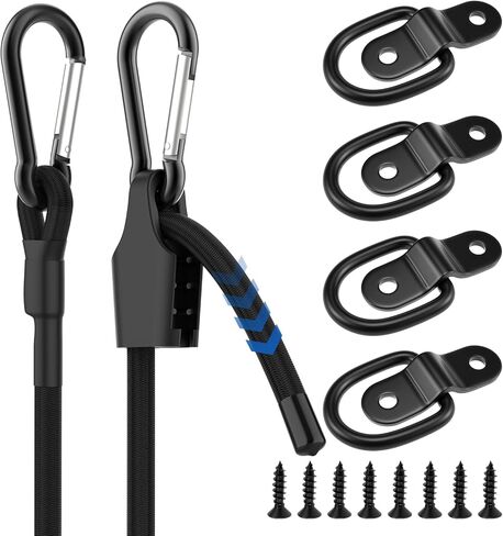 4 قطع من الفولاذ المقاوم للصدأ على شكل حرف D مرساة و2 قطعة من حبال بنجي قابلة للتعديل 180 سم، حلقات رموش 1/4 بوصة مع براغي للمقطورة، سرير الشاحنة، العربة، السيارة الترفيهية، القوارب والتحكم في البضائع (أسود) in Kuwait