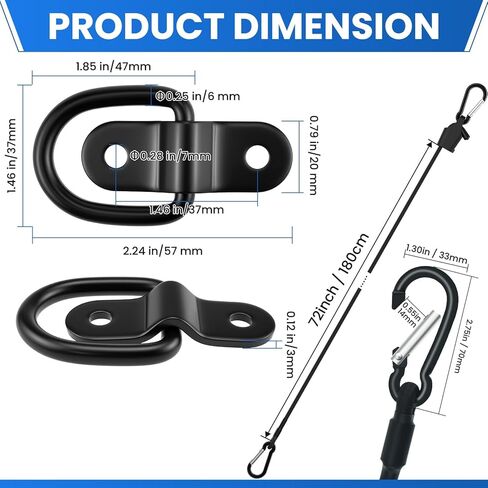 4 قطع من الفولاذ المقاوم للصدأ على شكل حرف D مرساة و2 قطعة من حبال بنجي قابلة للتعديل 180 سم، حلقات رموش 1/4 بوصة مع براغي للمقطورة، سرير الشاحنة، العربة، السيارة الترفيهية، القوارب والتحكم في البضائع (أسود) in Kuwait