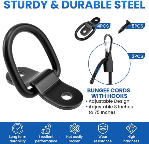4 قطع من الفولاذ المقاوم للصدأ على شكل حرف D مرساة و2 قطعة من حبال بنجي قابلة للتعديل 180 سم، حلقات رموش 1/4 بوصة مع براغي للمقطورة، سرير الشاحنة، العربة، السيارة الترفيهية، القوارب والتحكم في البضائع (أسود) in Kuwait