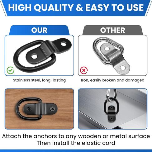 4 قطع من الفولاذ المقاوم للصدأ على شكل حرف D مرساة و2 قطعة من حبال بنجي قابلة للتعديل 180 سم، حلقات رموش 1/4 بوصة مع براغي للمقطورة، سرير الشاحنة، العربة، السيارة الترفيهية، القوارب والتحكم في البضائع (أسود) in Kuwait