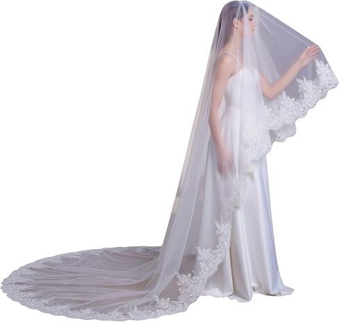 2 Tier Lace Applique Cathedral Length Blusher Wedding Bridal Veil with Comb in Saudi Arabia