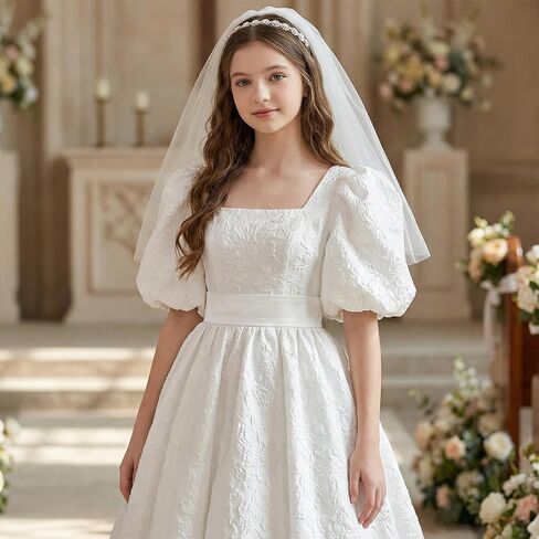 Lystaii الفتيات أول مناولة الحجاب الأبيض Bowknot كريستال حجر الراين الأزهار الحجاب المقدسة بالتواصل زهرة تاج الشعر إكليل لحفل الزفاف in Saudi Arabia