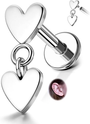 CM Crareesi Mania Titanium Flat Back Earrings 16G Helix Earrings Studs 6mm Dangle Heart Cartilage Earrings Studs Internally Threaded Conch Tragus Stud in Saudi Arabia