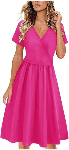 Women's Summer Casual Midi Dress Short Sleeve V Neck A Line Swing Dresses Solid Color Beach Fashion Loose Sundress in Saudi Arabia