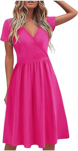 Women's Summer Casual Midi Dress Short Sleeve V Neck A Line Swing Dresses Solid Color Beach Fashion Loose Sundress in Saudi Arabia