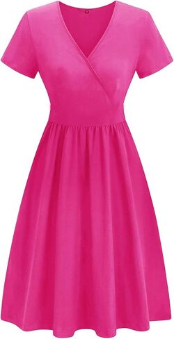 Women's Summer Casual Midi Dress Short Sleeve V Neck A Line Swing Dresses Solid Color Beach Fashion Loose Sundress in Saudi Arabia