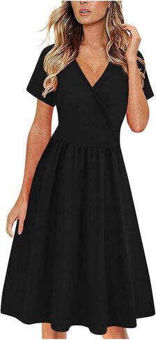 Women's Summer Casual Midi Dress Short Sleeve V Neck A Line Swing Dresses Solid Color Beach Fashion Loose Sundress in Saudi Arabia