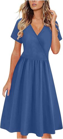 Women's Summer Casual Midi Dress Short Sleeve V Neck A Line Swing Dresses Solid Color Beach Fashion Loose Sundress in Saudi Arabia