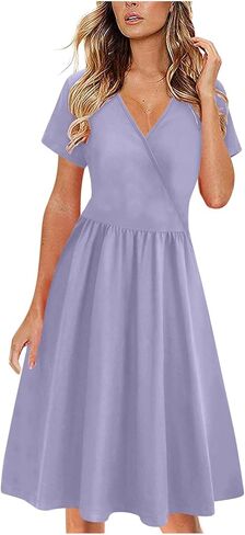 Women's Summer Casual Midi Dress Short Sleeve V Neck A Line Swing Dresses Solid Color Beach Fashion Loose Sundress in Saudi Arabia