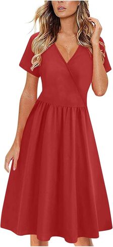 Women's Summer Casual Midi Dress Short Sleeve V Neck A Line Swing Dresses Solid Color Beach Fashion Loose Sundress in Saudi Arabia