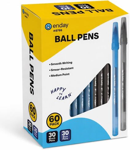 Enday Pens Ballpoint (60 Pack) 30 Blue & 30 Black Pens, Ink Pens Bulk, Medium Point 1.0mm, Smooth Writing Ballpoint Pens, Comfortable Grip Ball Point Pens Black, Quick Dry Ink. in Saudi Arabia