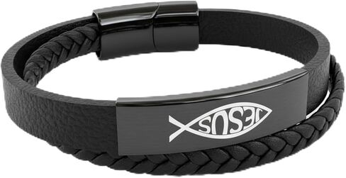 سوار مسيحي للرجال، سوار من الجلد والفولاذ المقاوم للصدأ على شكل سمكة يسوع مستوحى من الله، هدايا مسيحية للرجال، الزوج، الأب، مثالي لعيد الحب، عيد الميلاد أو عيد الأب، 8.6 بوصة in Kuwait