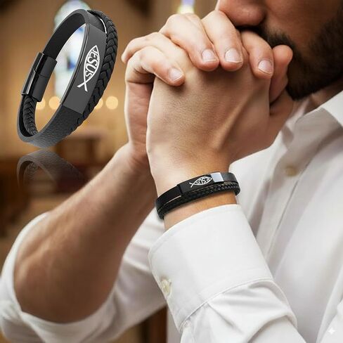 سوار مسيحي للرجال، سوار من الجلد والفولاذ المقاوم للصدأ على شكل سمكة يسوع مستوحى من الله، هدايا مسيحية للرجال، الزوج، الأب، مثالي لعيد الحب، عيد الميلاد أو عيد الأب، 8.6 بوصة in Kuwait