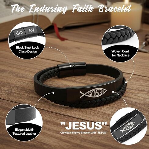 سوار مسيحي للرجال، سوار من الجلد والفولاذ المقاوم للصدأ على شكل سمكة يسوع مستوحى من الله، هدايا مسيحية للرجال، الزوج، الأب، مثالي لعيد الحب، عيد الميلاد أو عيد الأب، 8.6 بوصة in Kuwait