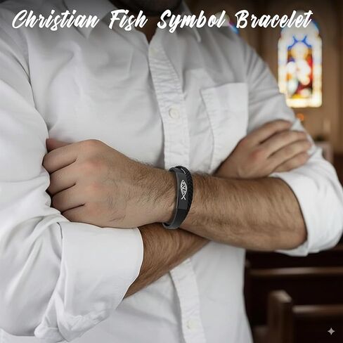 سوار مسيحي للرجال، سوار من الجلد والفولاذ المقاوم للصدأ على شكل سمكة يسوع مستوحى من الله، هدايا مسيحية للرجال، الزوج، الأب، مثالي لعيد الحب، عيد الميلاد أو عيد الأب، 8.6 بوصة in Kuwait