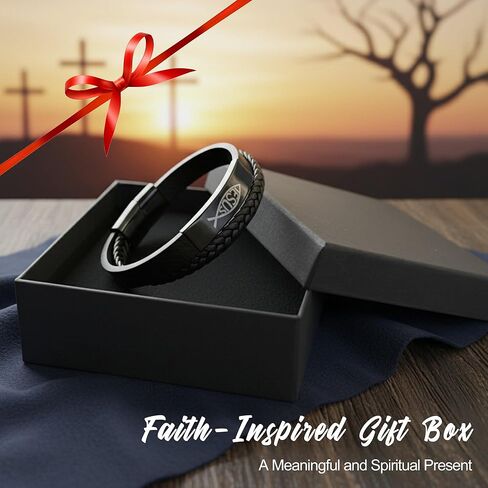 سوار مسيحي للرجال، سوار من الجلد والفولاذ المقاوم للصدأ على شكل سمكة يسوع مستوحى من الله، هدايا مسيحية للرجال، الزوج، الأب، مثالي لعيد الحب، عيد الميلاد أو عيد الأب، 8.6 بوصة in Kuwait