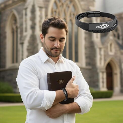 سوار مسيحي للرجال، سوار من الجلد والفولاذ المقاوم للصدأ على شكل سمكة يسوع مستوحى من الله، هدايا مسيحية للرجال، الزوج، الأب، مثالي لعيد الحب، عيد الميلاد أو عيد الأب، 8.6 بوصة in Kuwait