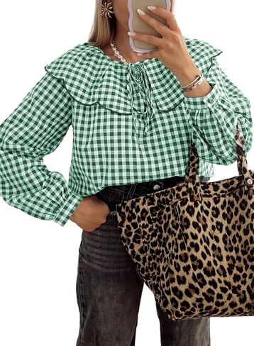 Astylish Womens Plaid Ruffle Peter Pan Neck Blouse Casual Long Sleeve Gingham Trendy Tops Work Checkered Shirt in Saudi Arabia