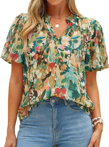 Simplee Womens Summer Floral Blouses Chiffon Boho Dressy Casual Work V Neck Puff Short Sleeve Loose Fashion Tops Shirt in Saudi Arabia