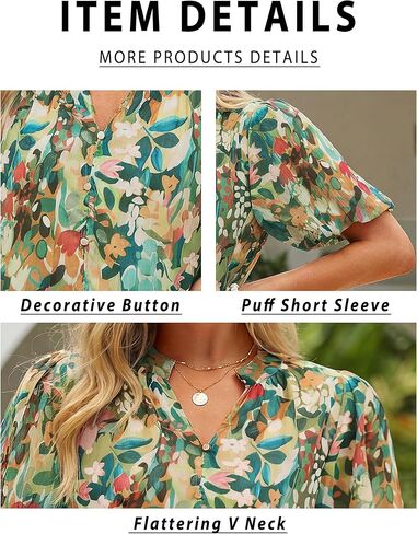 Simplee Womens Summer Floral Blouses Chiffon Boho Dressy Casual Work V Neck Puff Short Sleeve Loose Fashion Tops Shirt in Saudi Arabia