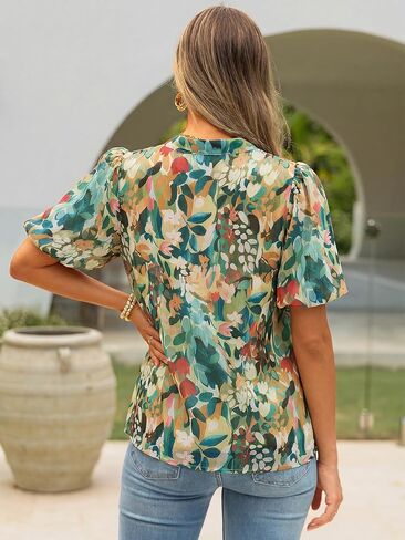 Simplee Womens Summer Floral Blouses Chiffon Boho Dressy Casual Work V Neck Puff Short Sleeve Loose Fashion Tops Shirt in Saudi Arabia