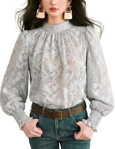 بلوزة نسائية صيفية من الدانتيل الشفاف ورقبة عالية من الشيفون الزهري وأكمام طويلة فضفاضة تناسب ملابس يومية غير رسمية in Kuwait