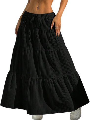 Narecte Maxi Skirts for Women Solid Color Long Skirts for Women Summer High Waist Ruffled Hem Flowy Skirt in Saudi Arabia
