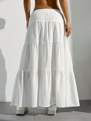 Narecte Maxi Skirts for Women Solid Color Long Skirts for Women Summer High Waist Ruffled Hem Flowy Skirt in Saudi Arabia