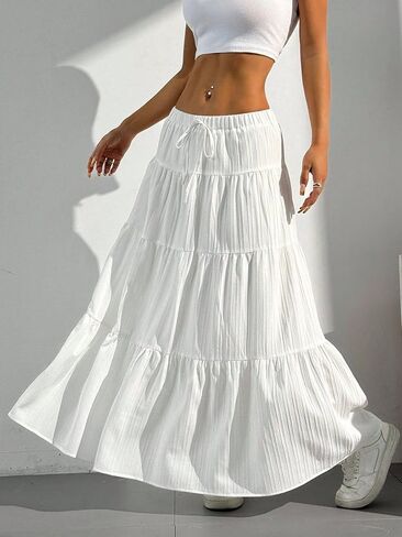 Narecte Maxi Skirts for Women Solid Color Long Skirts for Women Summer High Waist Ruffled Hem Flowy Skirt in Saudi Arabia
