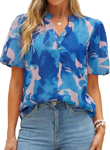 Simplee Womens Summer Floral Blouses Chiffon Boho Dressy Casual Work V Neck Puff Short Sleeve Loose Fashion Tops Shirt in Saudi Arabia