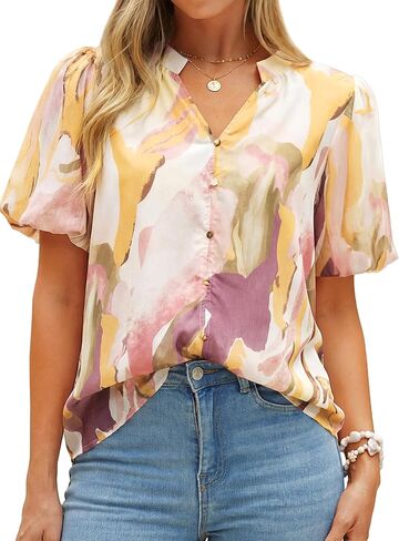 Simplee Womens Summer Floral Blouses Chiffon Boho Dressy Casual Work V Neck Puff Short Sleeve Loose Fashion Tops Shirt in Saudi Arabia